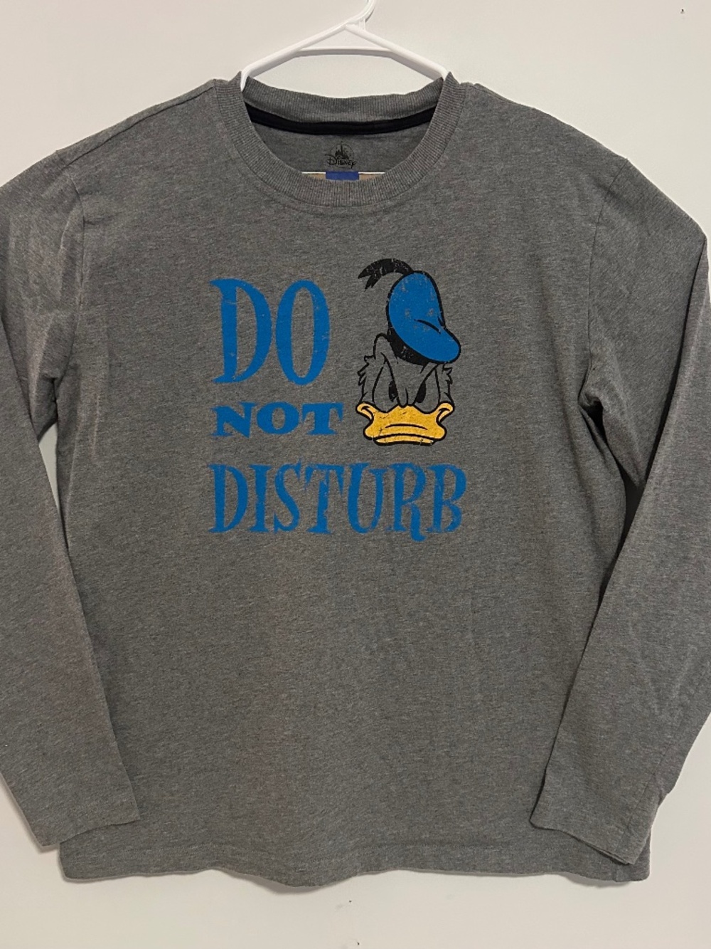 Donald Duck Do Not Disturb Graphic Print T-Shirt Large Gray Y2K Long Sleeve